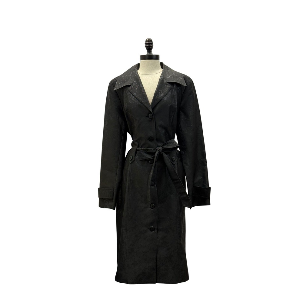 Craig Muller M Trench Coat Womens Black Excellent Jacquard Floral Silk Lined USA